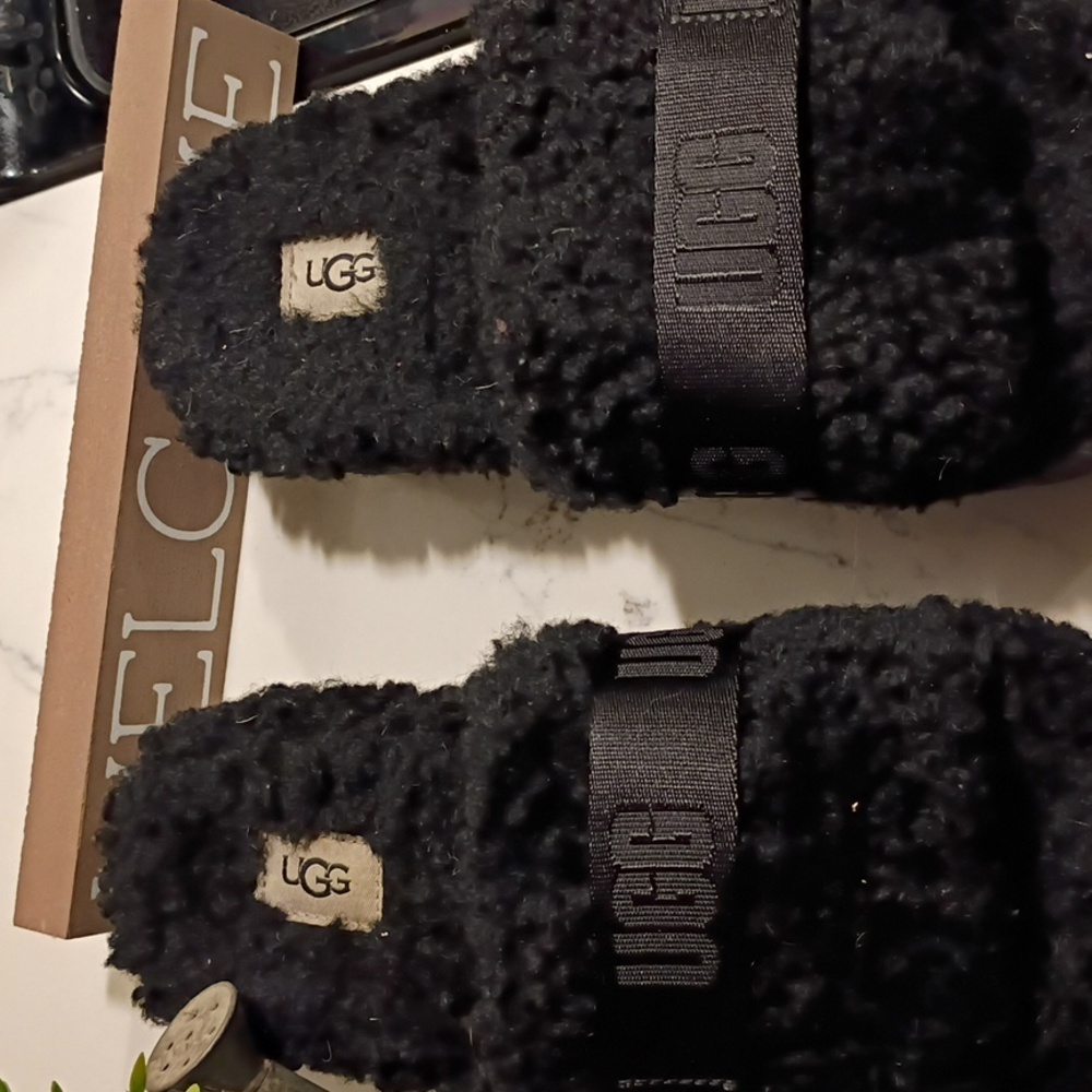 UGG Black Fluffy Slide Platform Slides Slippers - image 3